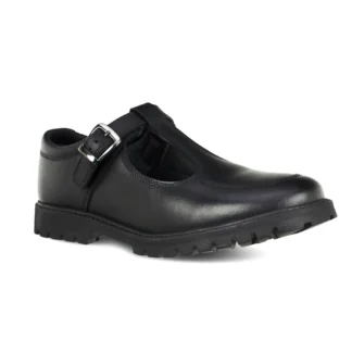Girls leather school shoe with T-shaped fastening and buckle. Memory foam sole and padded heel.