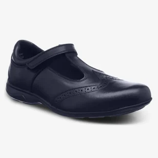 Cute school shoe for girls with a strap, T-shaped fastening, and brogue