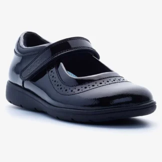 Very fashionable girls school shoe with single Velcro strap and brogue over bridge